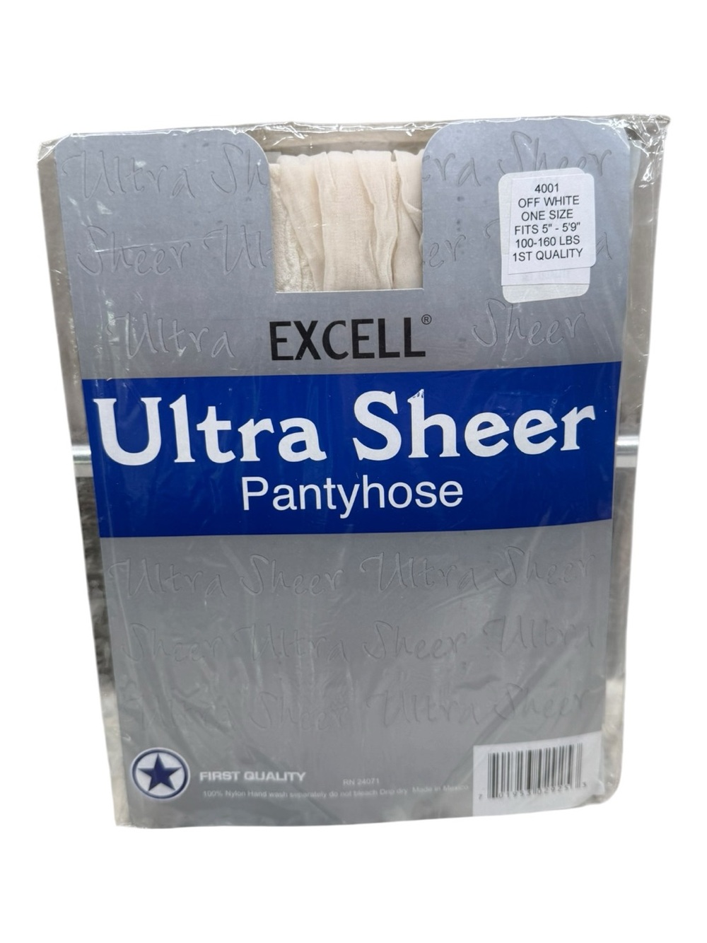 Excell Ultra Sheer Pantyhose 100% Nylon First Quality One Size Off White 100-160